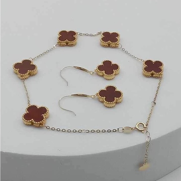 New 18k Gold Four Leaf Clover Red Dainty Hook Dangling Earrings Bracelet Set - Picture 3 of 9